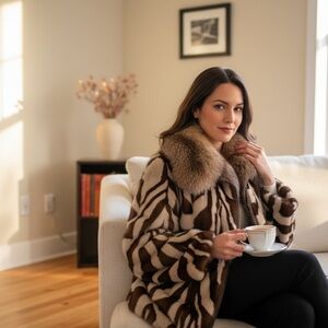 Stylish Brown and Tan Genuine Mink Jacket with Cross Fox Trim Collar